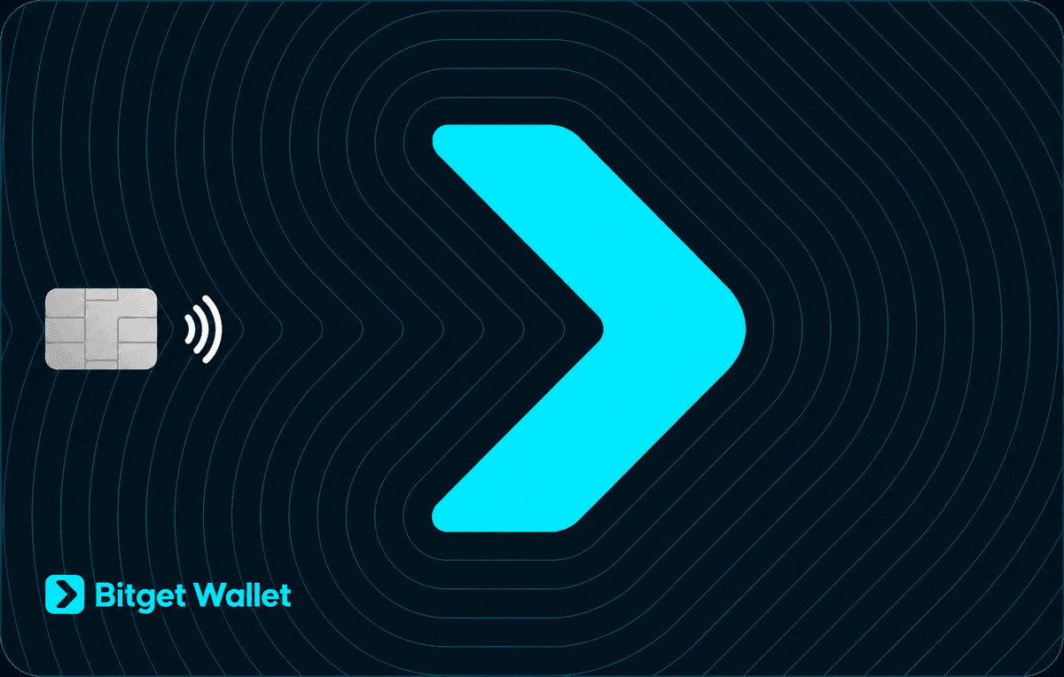 Dark Bitget Wallet card face with a turquoise arrow, chip and contactless symbol