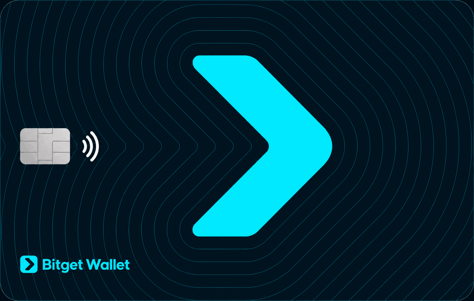 Dark Bitget Wallet card face with a turquoise arrow, chip and contactless symbol
