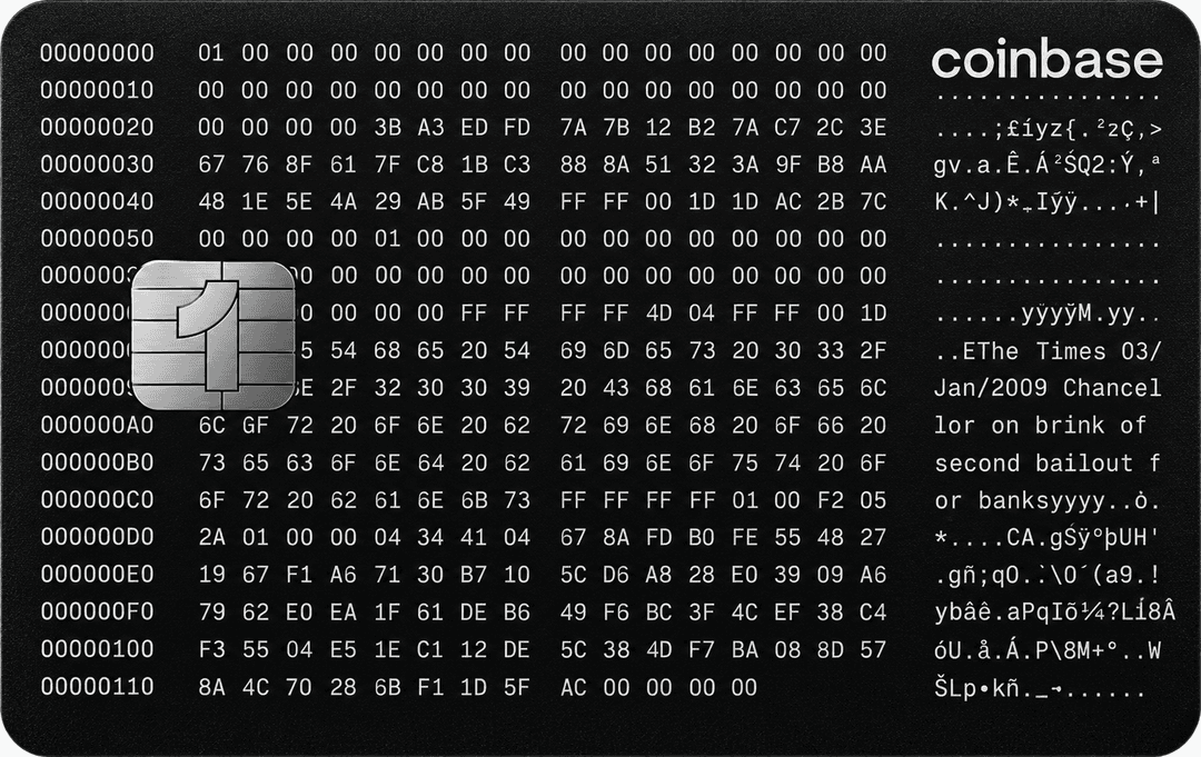 Black Coinbase One card face with Genesis Block text and a silver chip