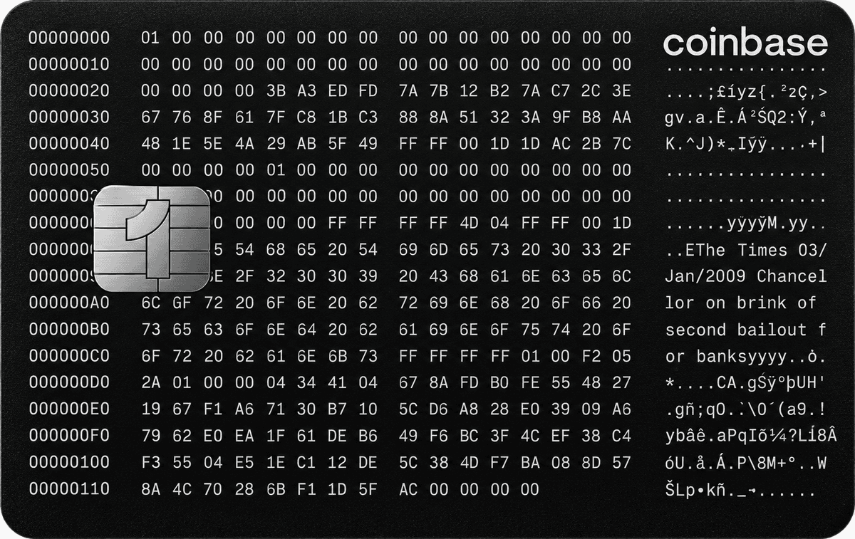 Black Coinbase One card face with Genesis Block text and a silver chip