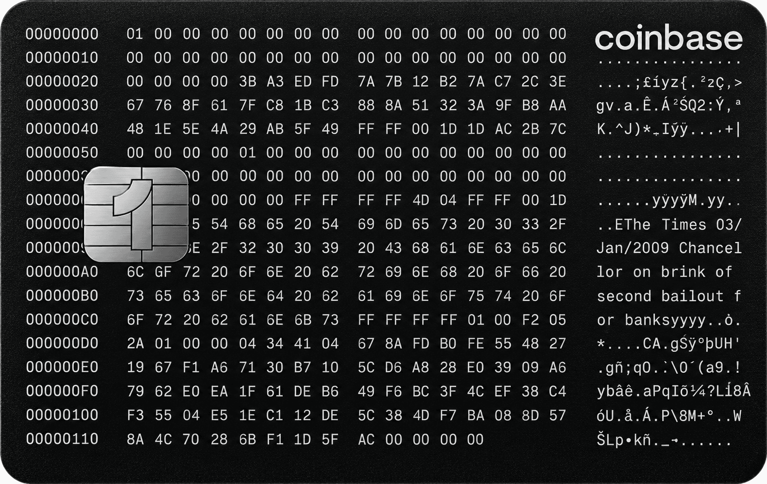 Black Coinbase One card face with Genesis Block text and a silver chip