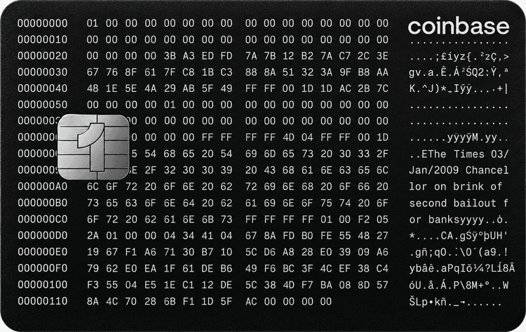 Black Coinbase One card face with Genesis Block text and a silver chip