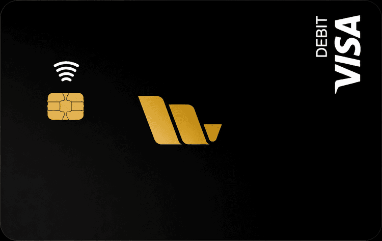 Black Fold+ Visa debit card front with gold accents