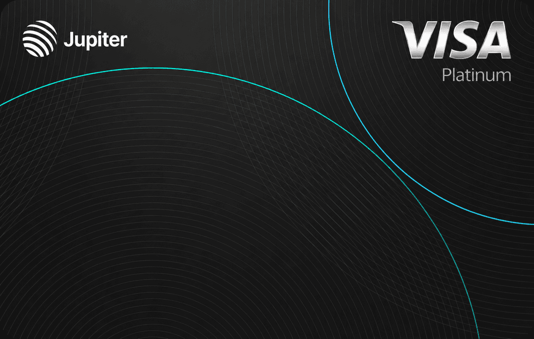Black Jupiter Visa Platinum card with teal and cyan curved-line artwork