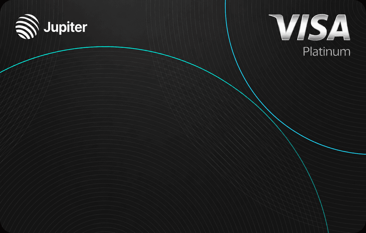 Black Jupiter Visa Platinum card with teal and cyan curved-line artwork